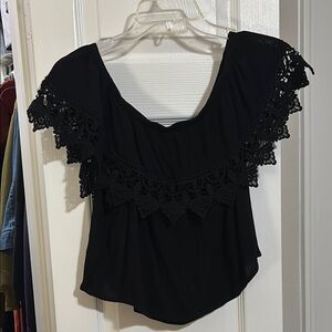 Elegant Black Lace Trim Women's off the shoulder crop Top